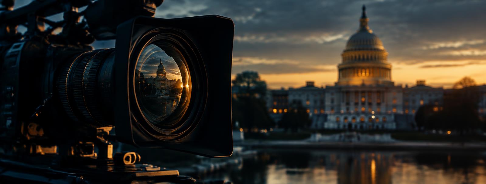 The United States Capitol reflected in a cinema camera lens at dusk The United States Capitol reflected in a cinema camera lens at dusk