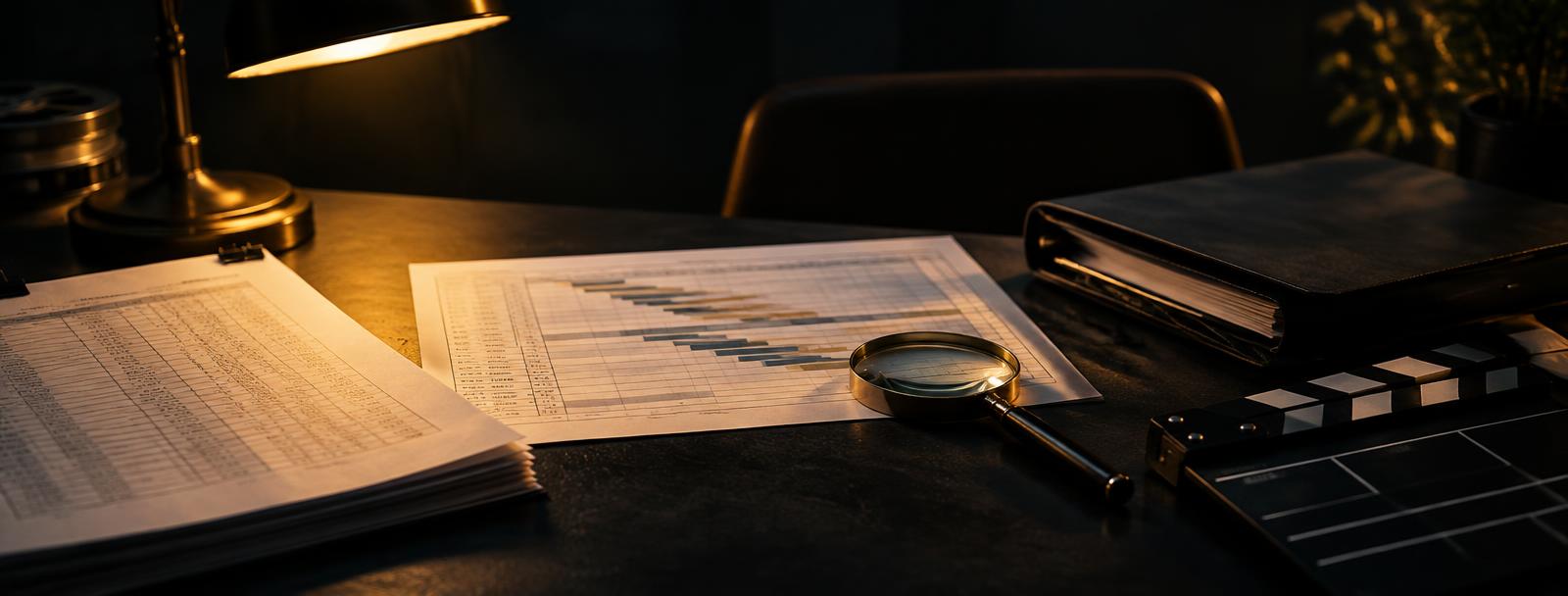 A film budget, production schedule, and contract pages reviewed beneath a warm desk lamp A film budget, production schedule, and contract pages reviewed beneath a warm desk lamp