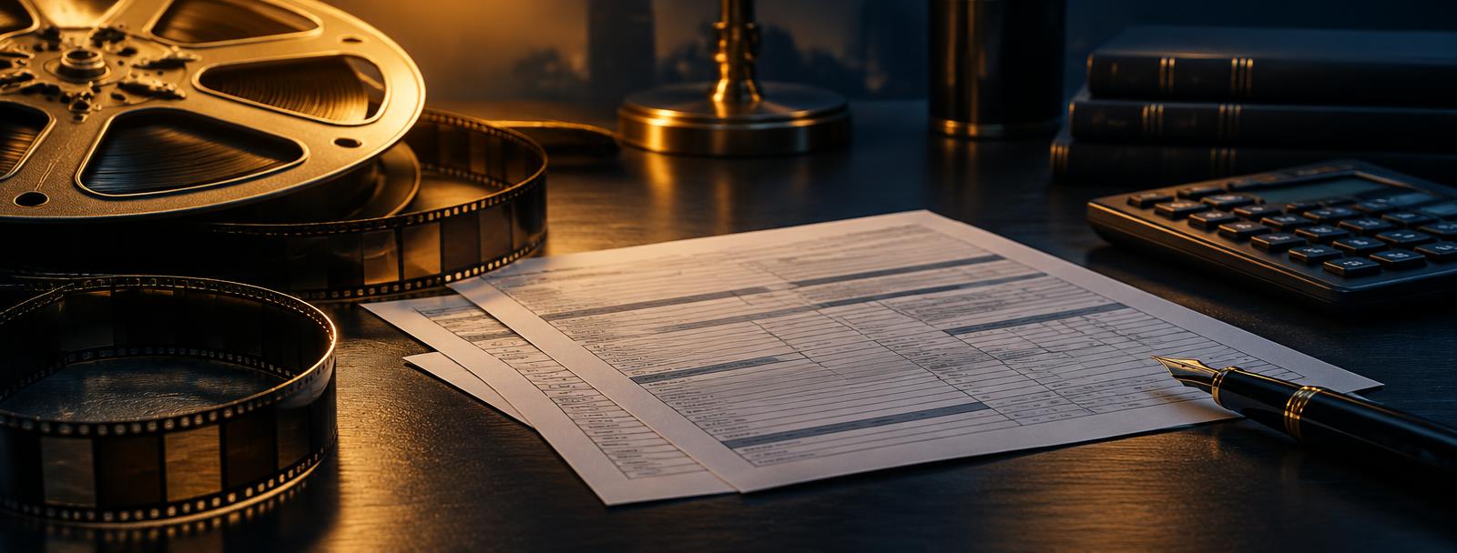 Tax forms, a film reel, and a calculator on a dark professional desk Tax forms, a film reel, and a calculator on a dark professional desk