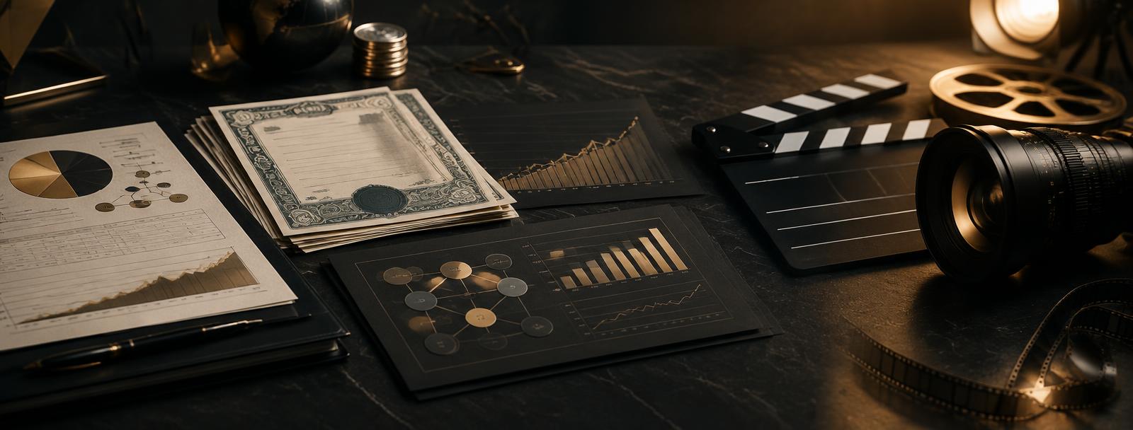 Private-company cap table papers beside a film production ledger