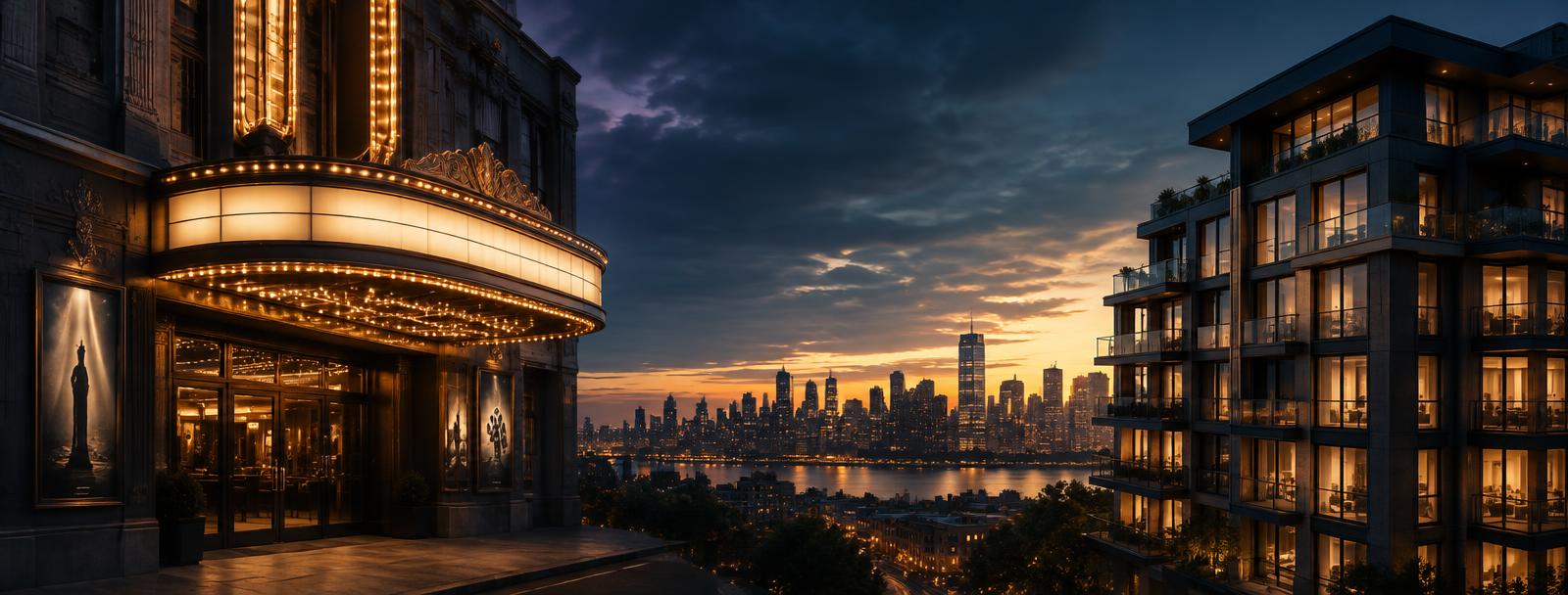 A cinema marquee and city apartment building divided by evening light A cinema marquee and city apartment building divided by evening light