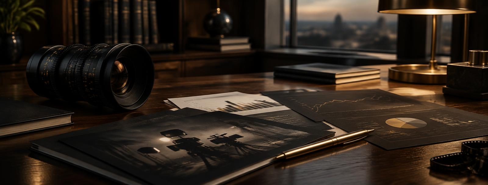 Film investment documents, a cinema lens, and financial charts arranged on a dark walnut desk Film investment documents, a cinema lens, and financial charts arranged on a dark walnut desk