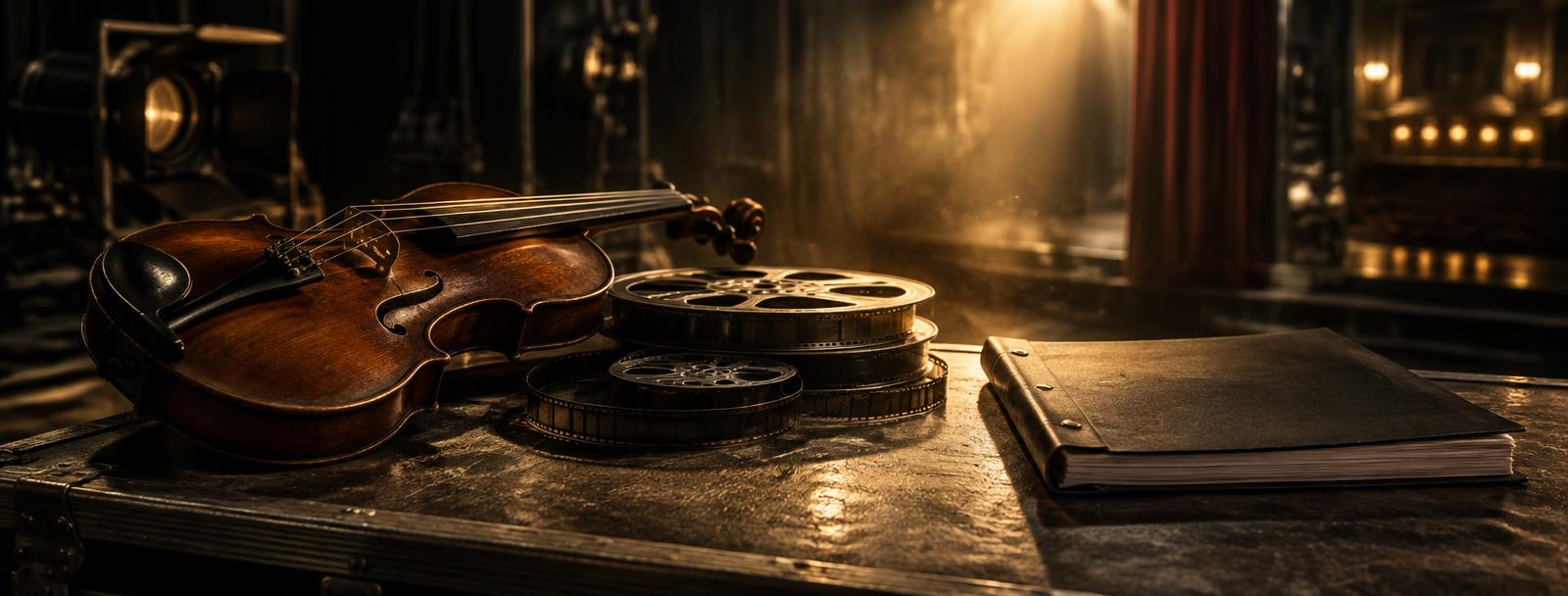 A vintage violin resting beside film reels in a timeless theater backstage A vintage violin resting beside film reels in a timeless theater backstage