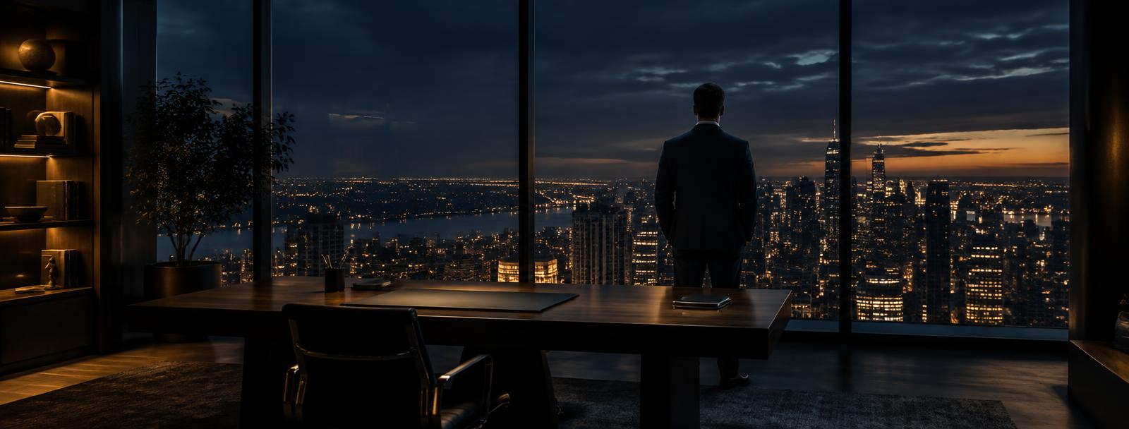 A founder standing alone in a quiet modern office after sunset A founder standing alone in a quiet modern office after sunset