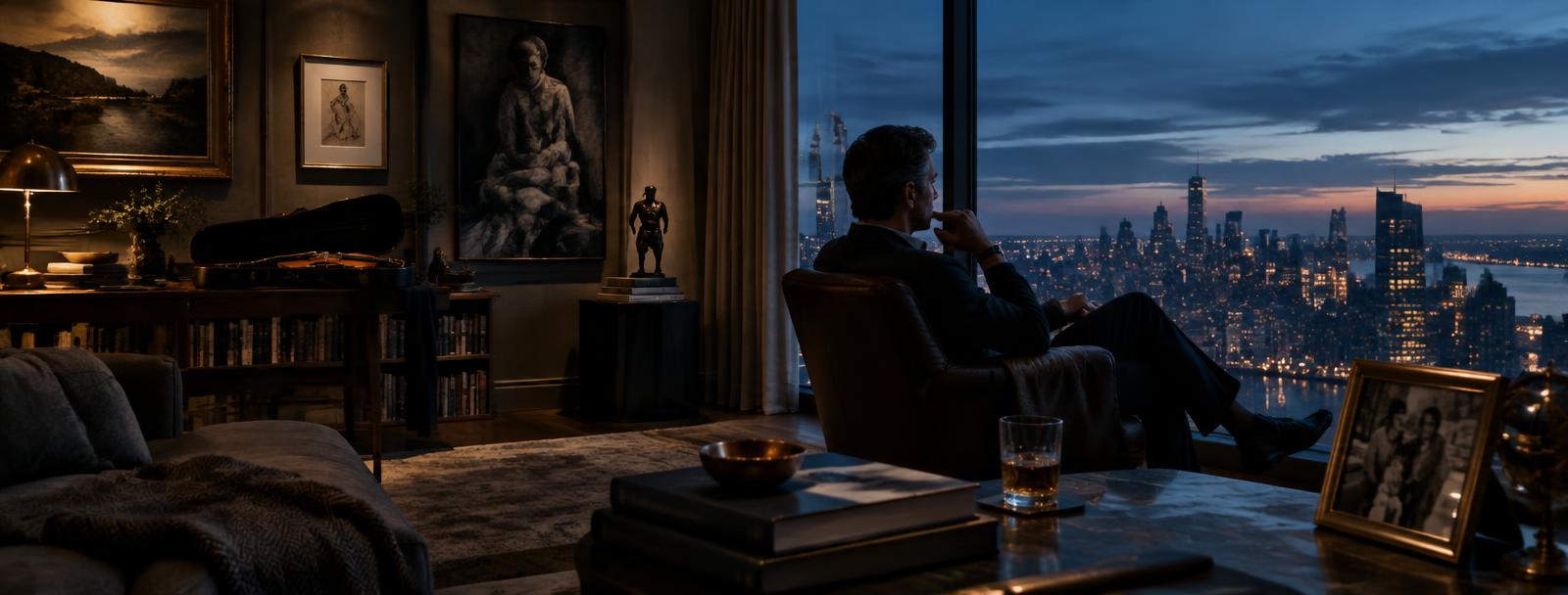 A contemplative person overlooking a city from a quiet art-filled room A contemplative person overlooking a city from a quiet art-filled room