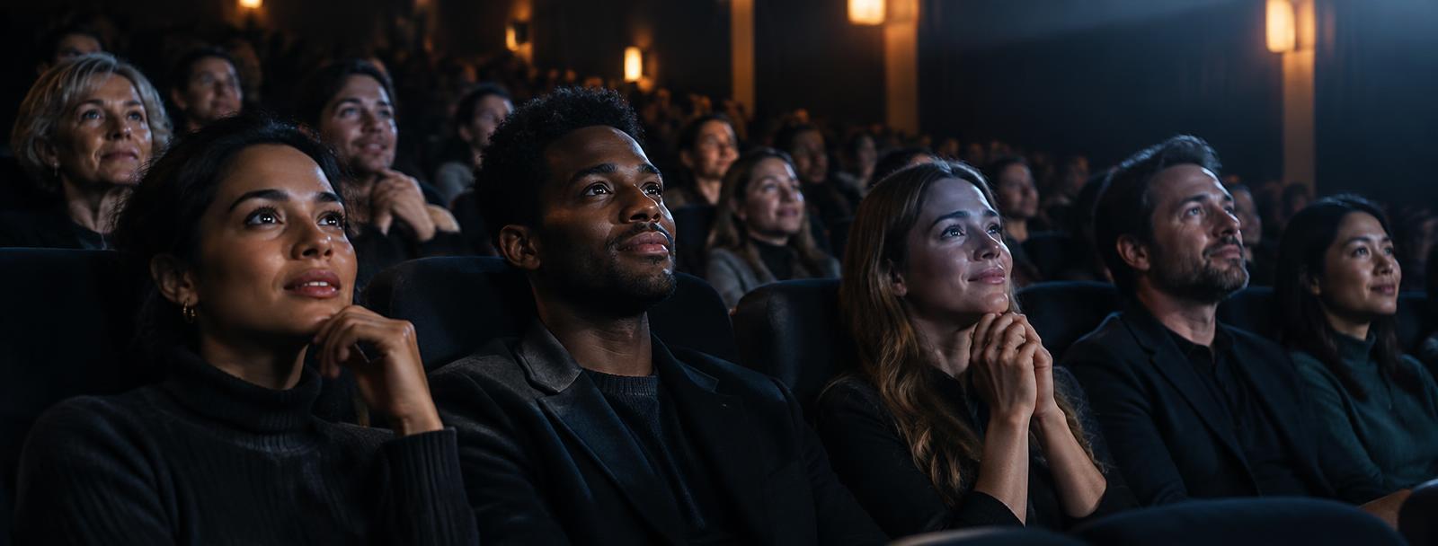 A cinema audience emotionally absorbed in a luminous dramatic scene A cinema audience emotionally absorbed in a luminous dramatic scene