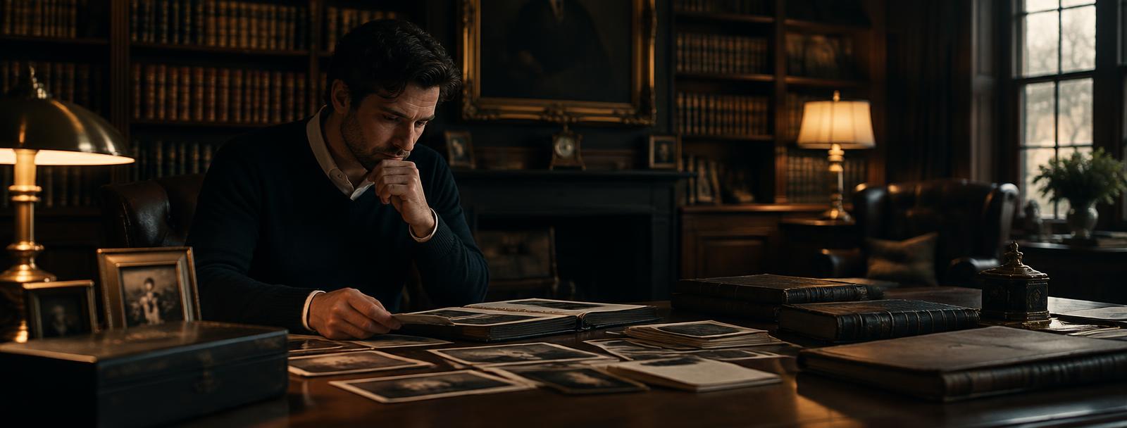 A thoughtful heir reviewing a family archive in a quiet library A thoughtful heir reviewing a family archive in a quiet library