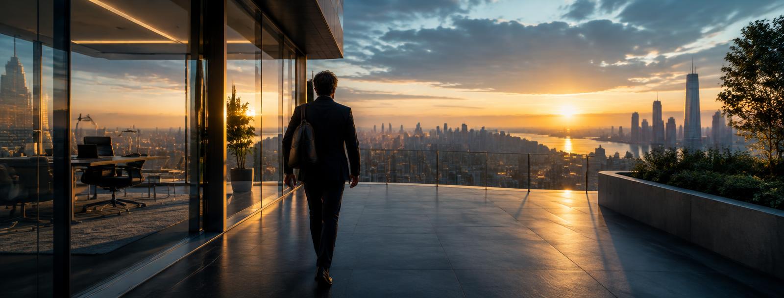 An exited founder walking from a glass office toward an open city horizon An exited founder walking from a glass office toward an open city horizon