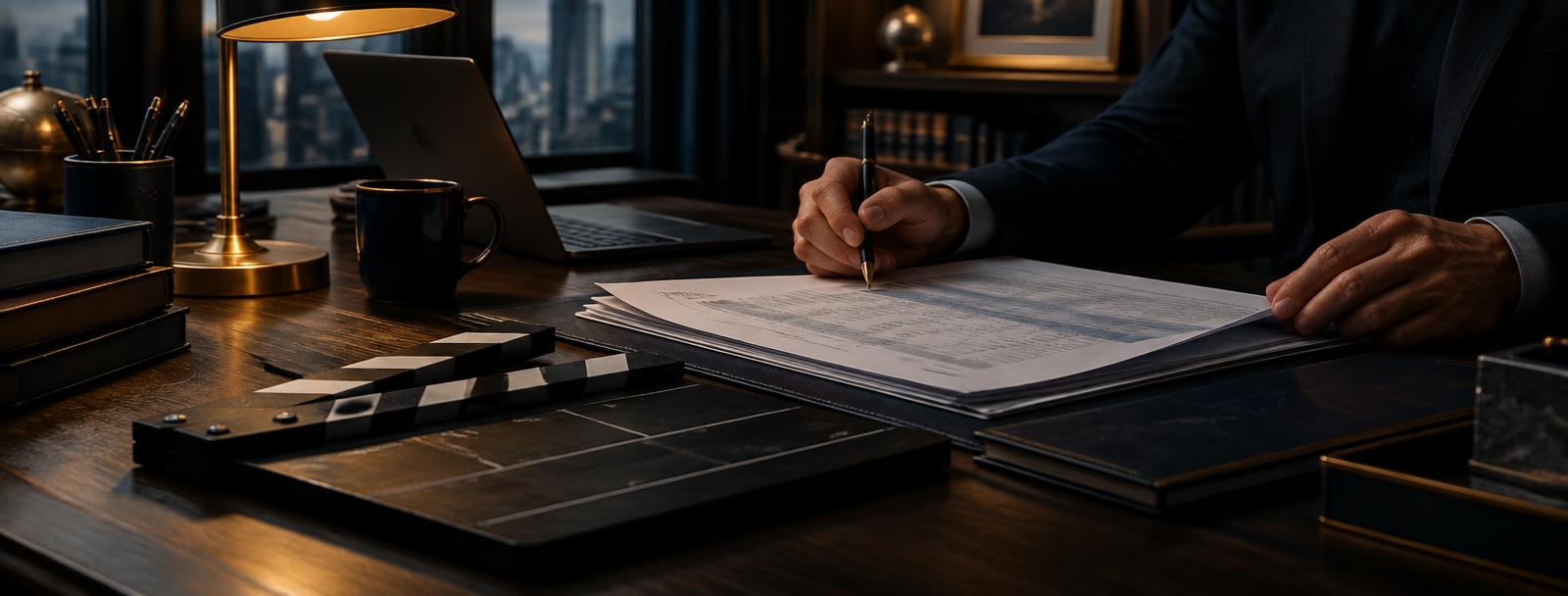 A CPA reviewing tax schedules beside a film slate in a refined private office A CPA reviewing tax schedules beside a film slate in a refined private office