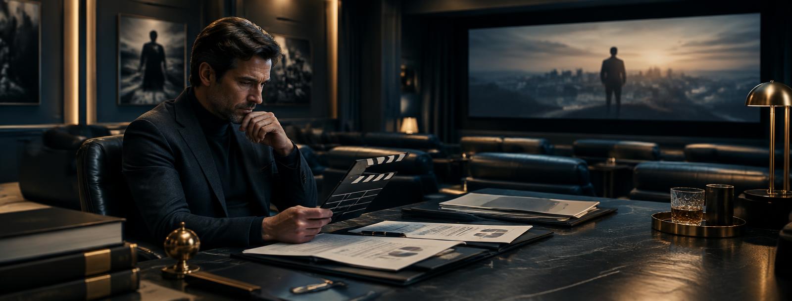 A sophisticated movie patron studying a film slate and offering papers A sophisticated movie patron studying a film slate and offering papers