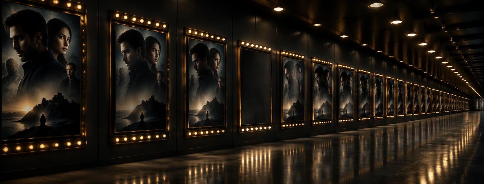 Rows of nearly identical cinema posters fading toward one distinctive blank marquee Rows of nearly identical cinema posters fading toward one distinctive blank marquee