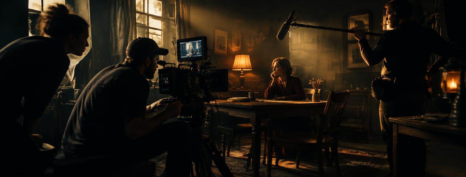 An independent filmmaker framing an original scene on a practical film set An independent filmmaker framing an original scene on a practical film set